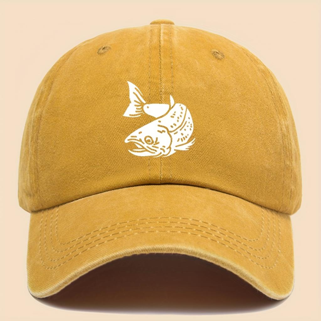 Cartoon Fish Print Baseball Cap Vintage Washed Adjustable Fishing Hat Men Women Hip-hop Hat Outdoor Retro Sun Protection Hat