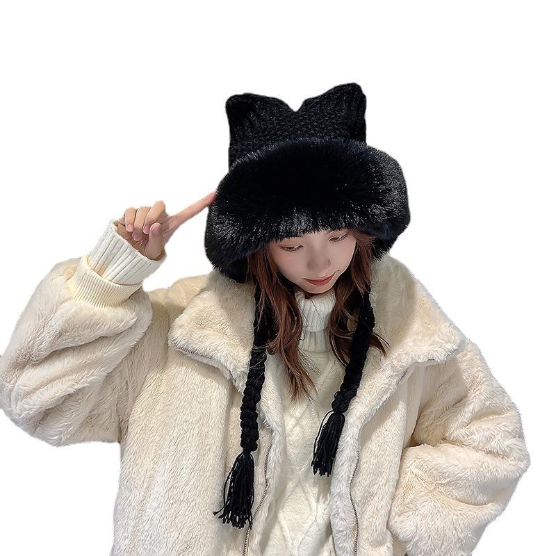 New Women Winter Warm Cute Beanie Hat Cat Ears Lady Kawaii Knitted Crochet Beanies Hat Cap With Braid For Women