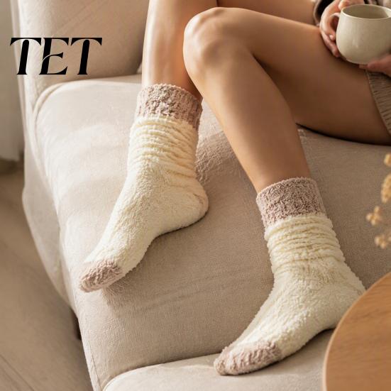 Heat Retaining Lounge Socks Thickened Long Plush for Women, Warm Coral Fleece Socks, Winter Home Foot Warmers Thermal Sleep Anti-static Contrast Color