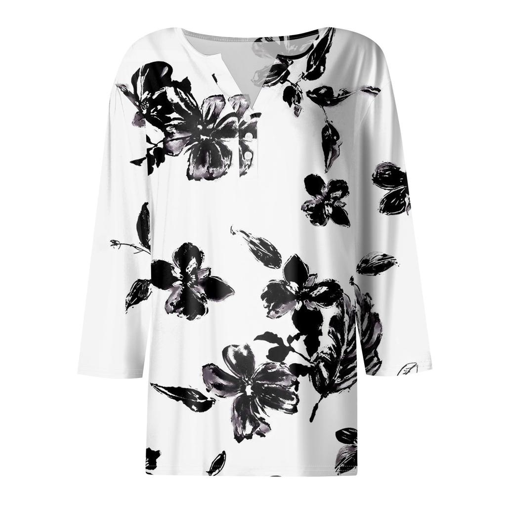 Dámská móda Ležérní dámský top s tříčtvrtečním rukávem s výstřihem do V s tištěným vzorem