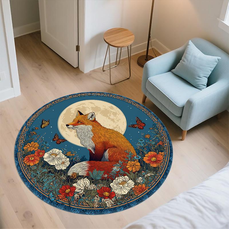 Flower Fox,Round Area Rug,Carpet Rug for Living Room Bedroom Sofa Playroom Decor,Non-slip Floor Mat