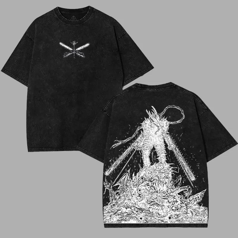 Anime Chainsaw Man Denji Pochita T-shirt for Men Clothing Tops Vintage Washed Cotton T Shirt Oversized Short Sleeve Graphic Tees