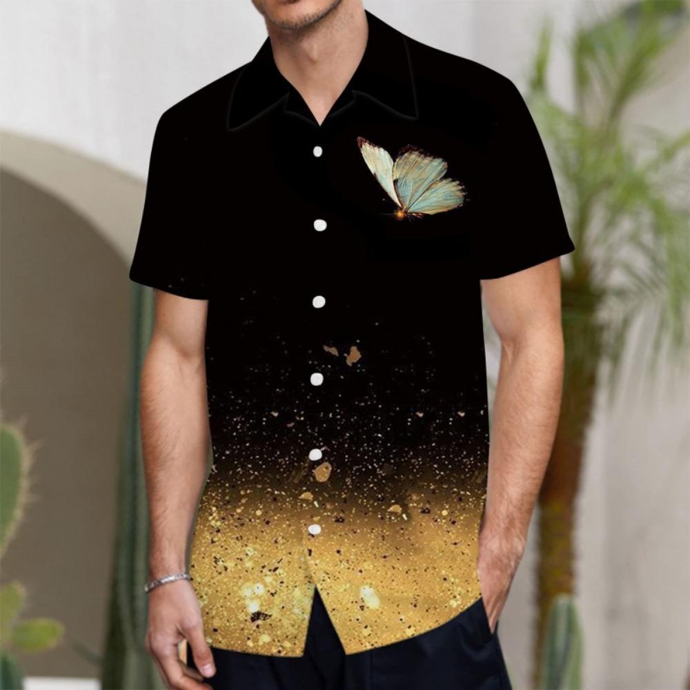 Hawaiian Beautiful Butterfly Pattern Shirt For Men Colorful Gradient 3D Printed Beach Shirts Casual Loose Short Sleeve Blouses