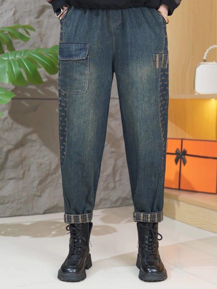 

Весенне-летние женские джинсы с высокой посадкой, эластичные, большого размера, брюки с эластичной талией, универсальные брюки гарун 2XL