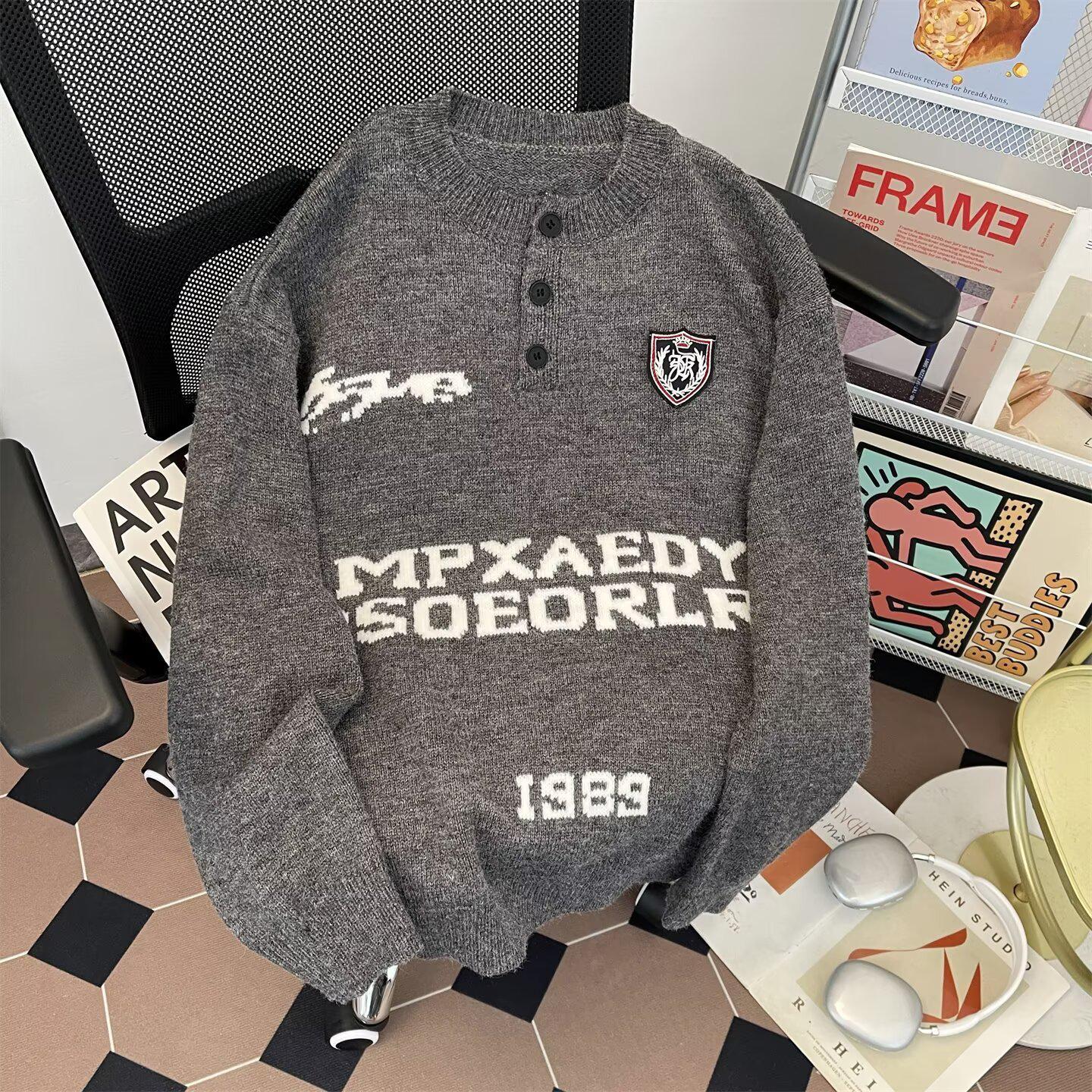 Унисекс Американский Ретро Кардиган из Вязаного Искусственного Меха с V-образным вырезом - Осенний Тренд в Колледж Стиле Large