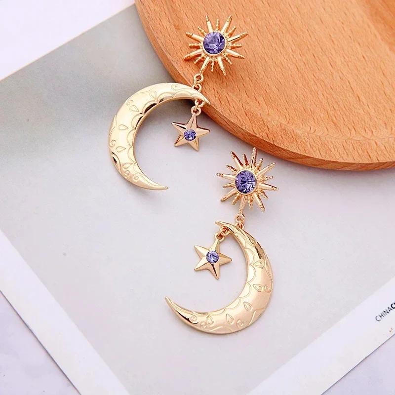 New Fashion Sun Star Moon Drop Earrings Women Purple Cubic Zircon Dance Bohemia Handmade Crystal Moon Star Drop Dangle Earring