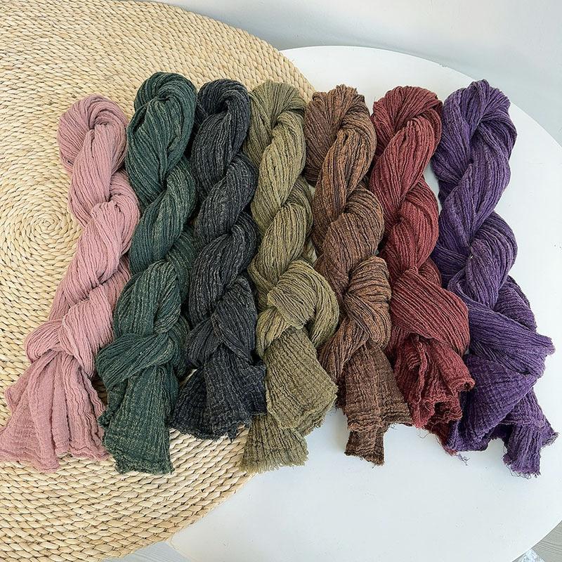 Retro Old Texture Pleated Solid Color Linen Scarf Thin And Narrow Silk Scarf Extended Neck Protection Scarf Autumn And Winter Warm