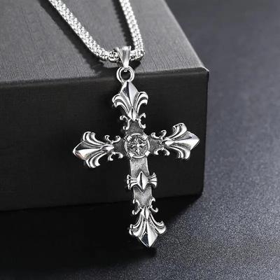 Cool Boys Herren Edelstahl Vintage Kreuz Anhänger Halskette Männer Frauen Silber