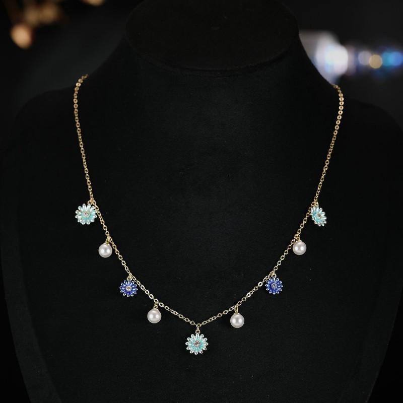 Handmade Floral Pearl Necklace Set Women Pink Blue Flower Design Lightweight Elegant Jewelry Casual Party Wear