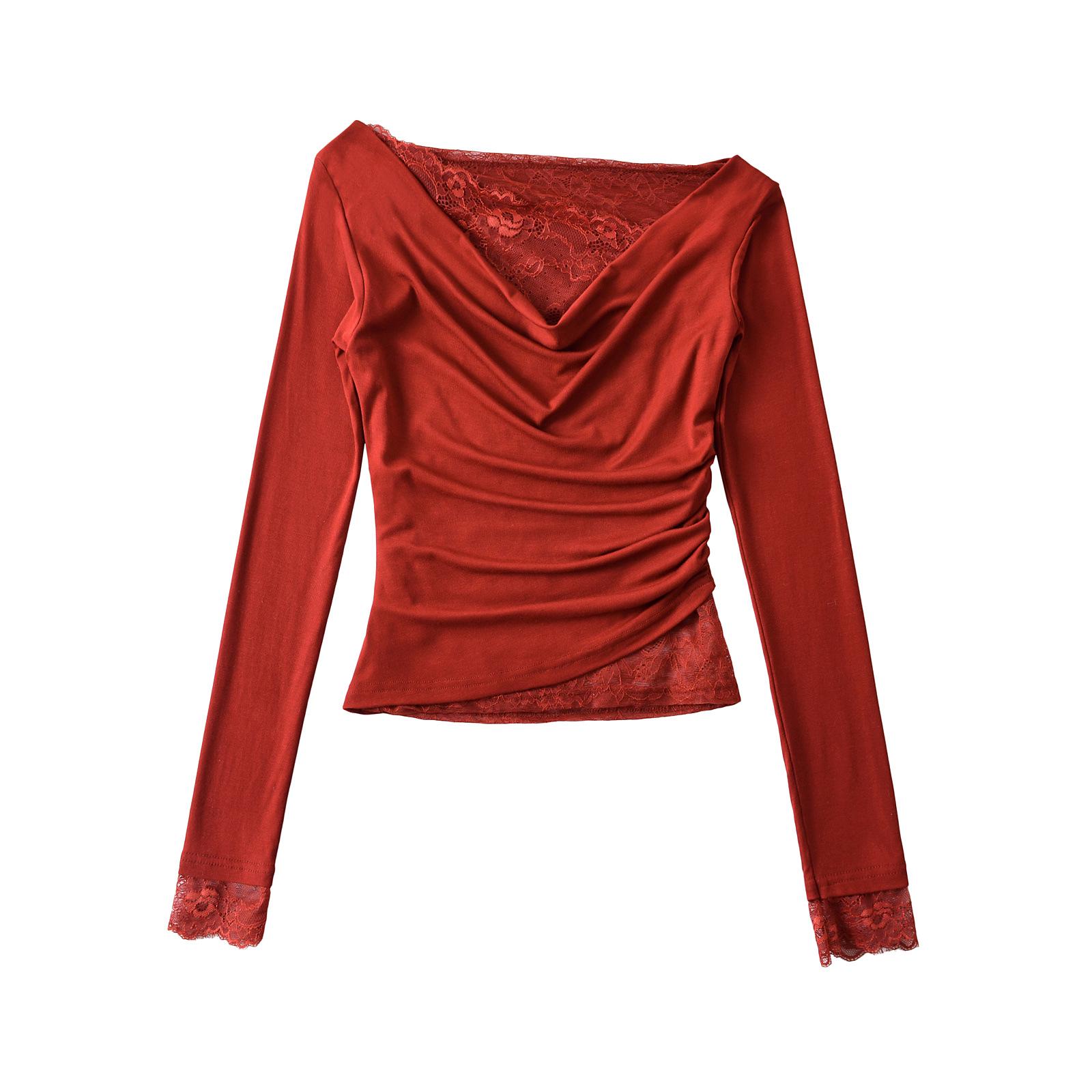 

Сексуальный асимметричный топ с драпировкой и кружевными рукавами 3/4 - Весна 2025 Large вино красного