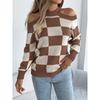 New Autumn and Winter Casual Off-the-shoulder, Color-blocking Checkered Lantern Long-sleeved Sweater Women's Wear