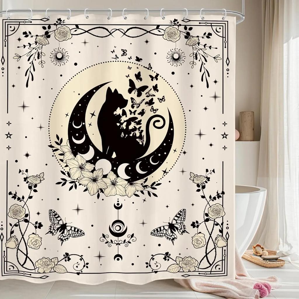 Japanese Cherry Cat Shower Curtain Black White Red Cute Animal Waterproof Polyester Bathroom Home Decorative Cover with Hook