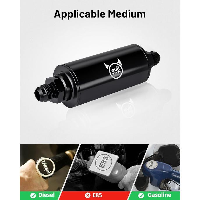 EVIL ENERGY 40 Micron Fuel Filter Inline With 6AN 8AN 10AN Adapter Universal 60MM