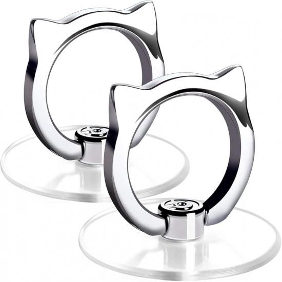 Cat Phone Ring Holder - EI Sonador Clear Cell Phone Ring Holder Transparent Stand Finger Grip (1 Silver + 1 Rose Gold Cat)