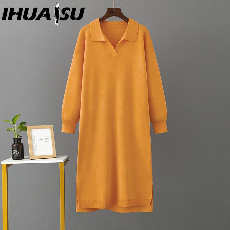 IHUASU Women's Autumn Winter Knitted Loose Large Solid Color Polo Collar Dresses with Lining