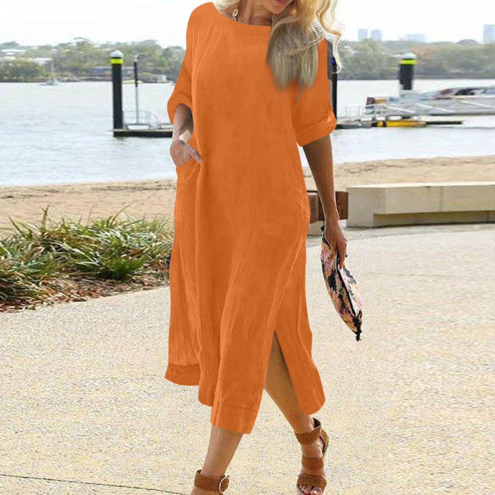 

Women s Cotton Linen Long Dress Round Neck Long Sleeve Color Hem Split Dress XXL помаранчевий