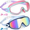 2 Pack Anti-Fog Anti-UV Swimming Goggles HD Diving Goggles with Earplugs Anti Choking Women Men Large Frame Silicone Swim Ggles