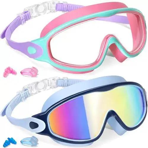 2 Pack Anti-Fog Anti-UV Swimming Goggles HD Diving Goggles with Earplugs Anti Choking Women Men Large Frame Silicone Swim Ggles