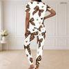 Women Plus Size V Neck Short Sleeve Leopard Christmas Tree Print White Pajama Set