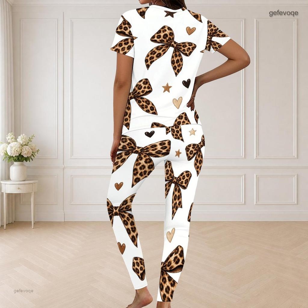 Women Plus Size V Neck Short Sleeve Leopard Christmas Tree Print White Pajama Set