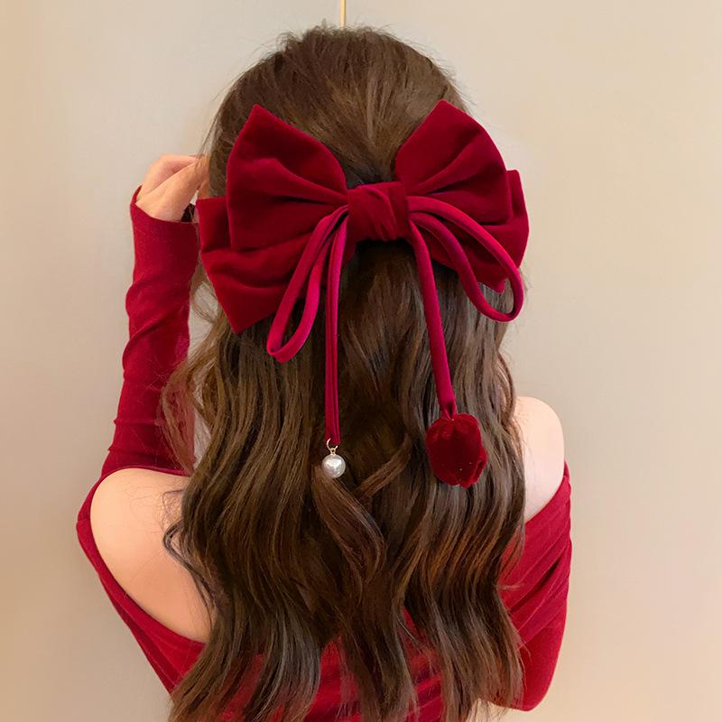 Red Velvet Bow Hair Clip for Women: Autumn/Winter Bridal Accessories