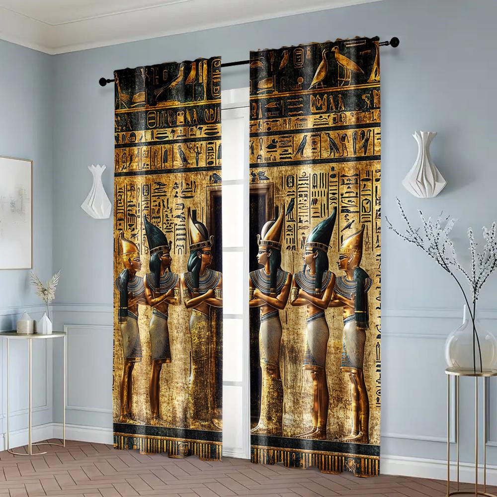 2pcs Curtains Roller Blinds Ancient Egyptian Mural Machine Washable Fabric Thermal Insulation Versatile 100% Polyester (without