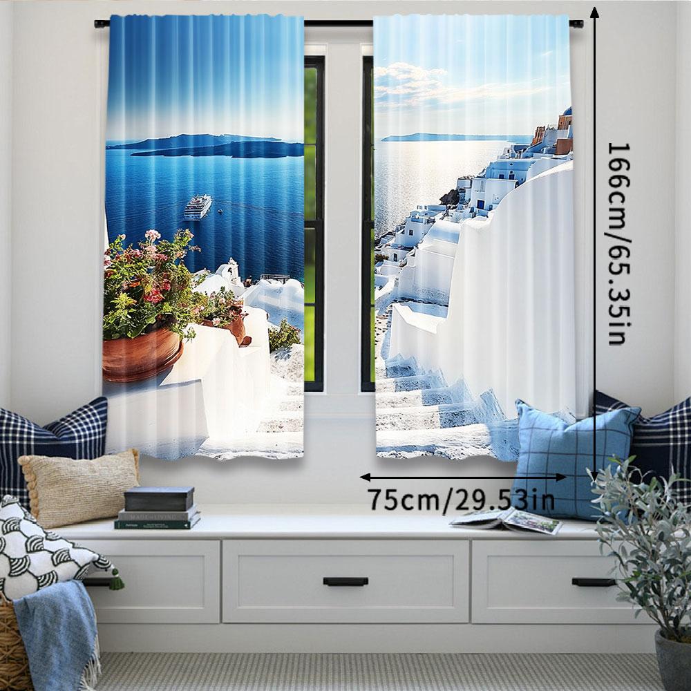 2Pcs Greece Santorini Island Curtains White Houses Architecture Stairs Sea Ship Mountains Scenery Curtains