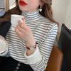 Autumn and winter new warm thickened knitted bottoming shirt women's stripe versatile integrated velvet semi-turtleneck pullover sweater inner