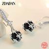 925 Sterling Silver Black Round Zircon Drop Earrings for Women Fashion Wedding Jewelry Gift
