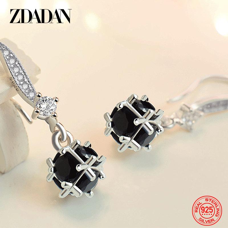 925 Sterling Silver Black Round Zircon Drop Earrings for Women Fashion Wedding Jewelry Gift