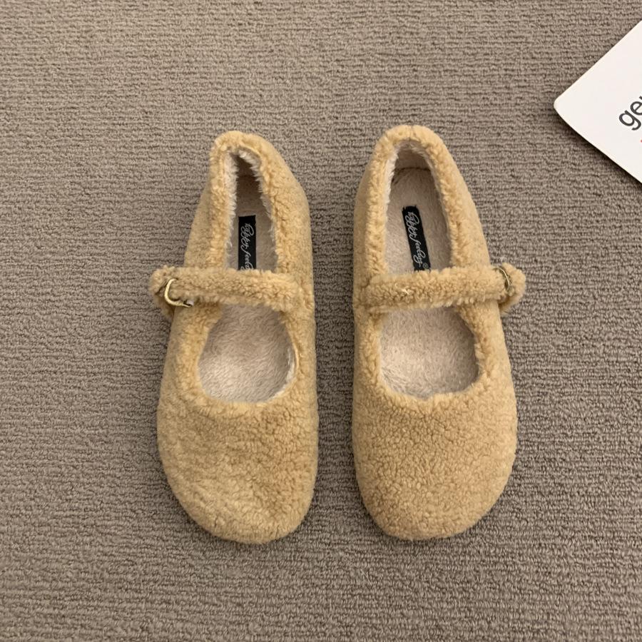 Fashion Fashion Round Toe Wool Ballet Flats Woman Concise Warm Plush Loafers Ladies Brand Design Fluffy Mary Jane Shoes In Red Grey