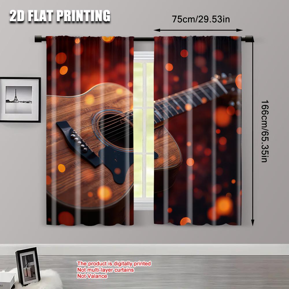 Elegant Set Of 2 Flat Printing Scene Curtains Wooden Guitar Bokeh Fabric Without Electricity Birthday Party Applies Polyester Curtain Made