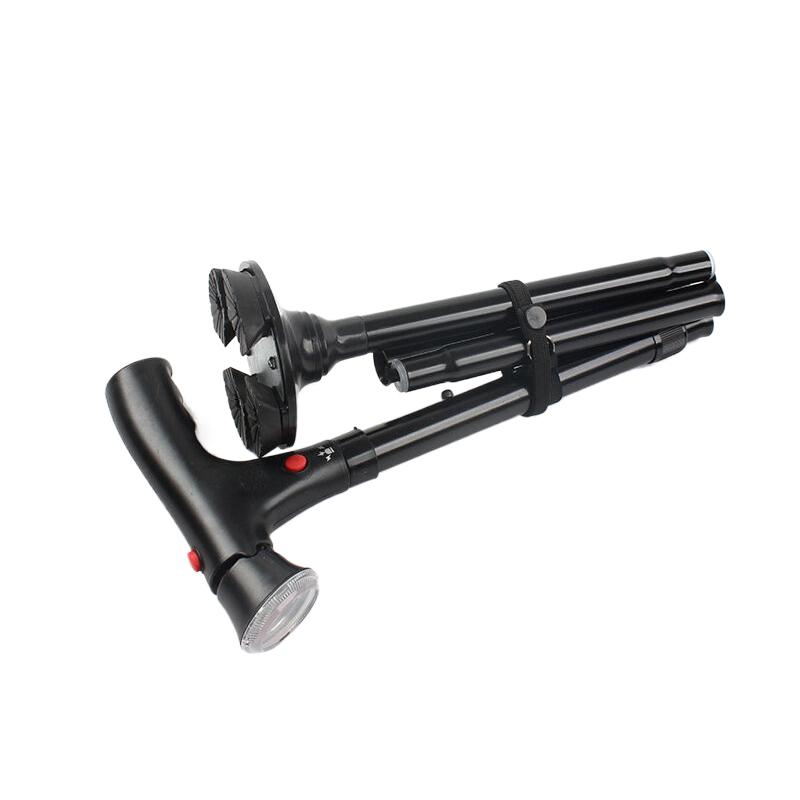 Folding Elderly Walking Stick With Buffered T Handle Pivoting Quad Base Anti-Slip Walking Stick Cane With Led Light And Alarm