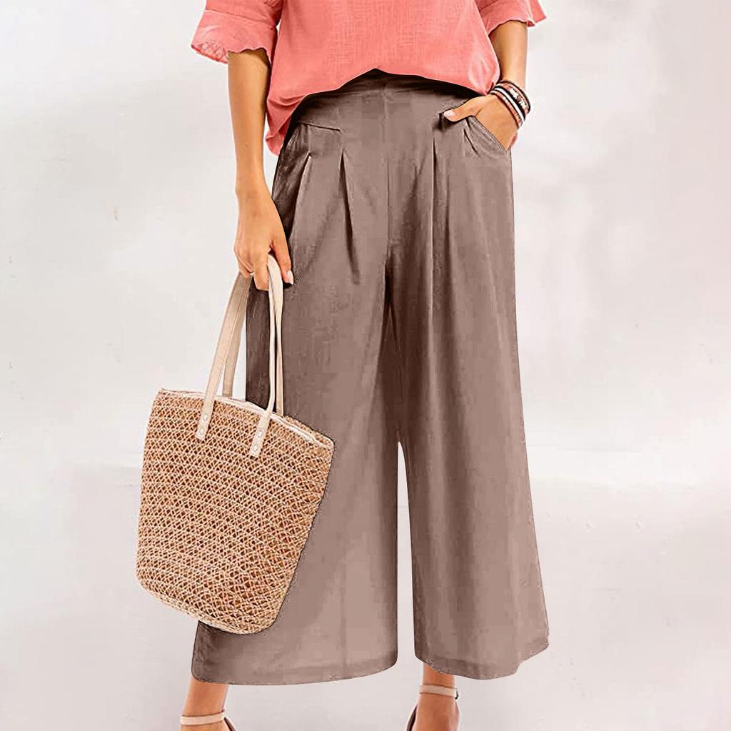 Women's Casual, Stylish, Loose-fitting, High-waisted, Cropped Cotton-linen Wide-leg Culottes