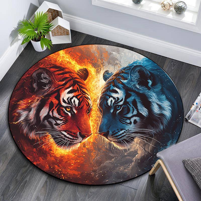 Yin Yang Tigers Round Area Rug,Carpet Rug for Living Room Bedroom Sofa Playroom Decor,Non-slip Floor Mat