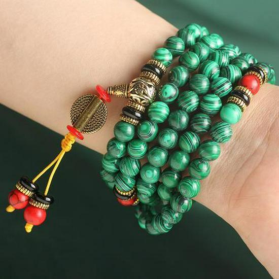 Malachite Buddhist Rosary: 108 Bead Bracelet, 8mm Round Beads for Men & Women
