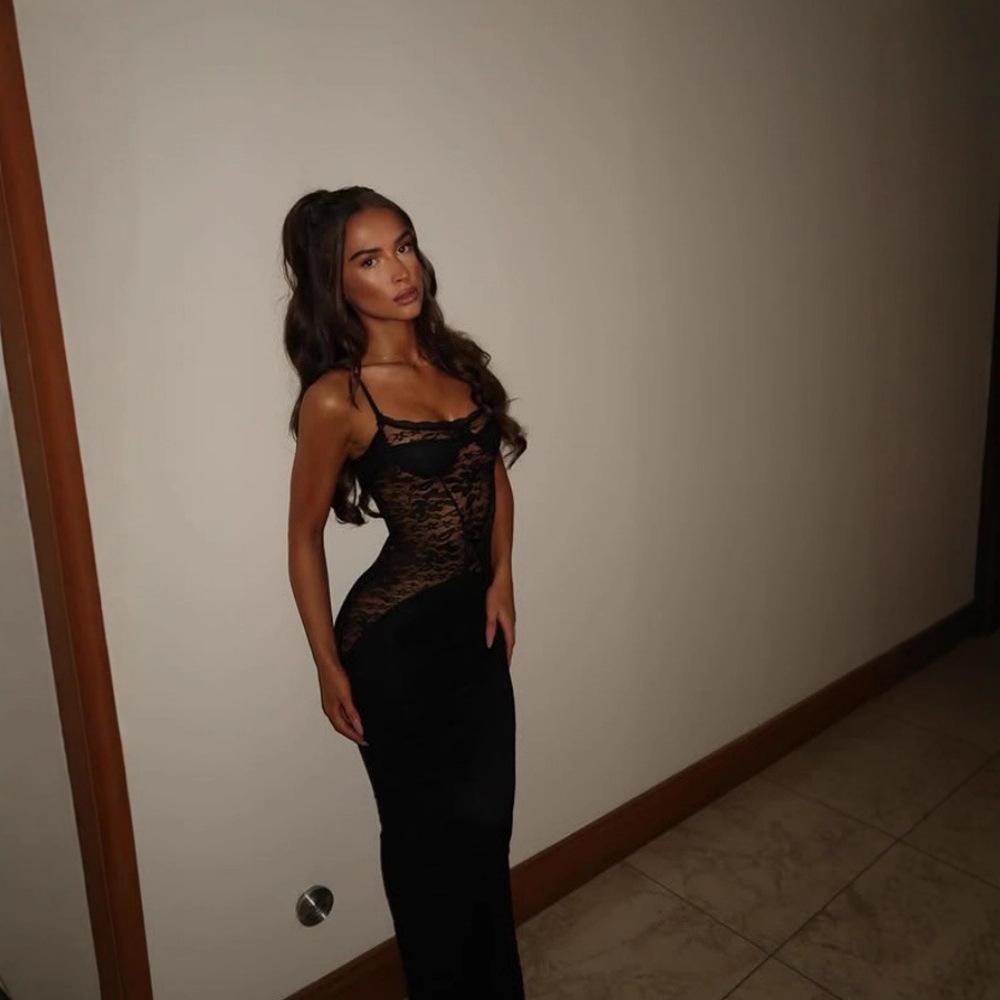 Temu European and American women's clothing new sexy Spice Girls long dress suspender lace splicing dress women