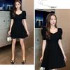 Summer new square neck bubble sleeves sexy backless waist and thin temperament Hepburn style black dress