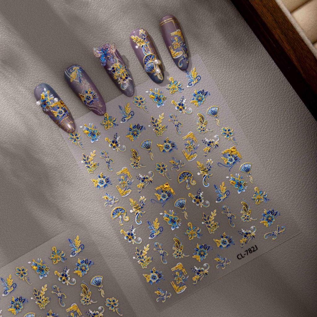Cyansea Hot Stamping Blue Flower Feather Fan Nail Stickers