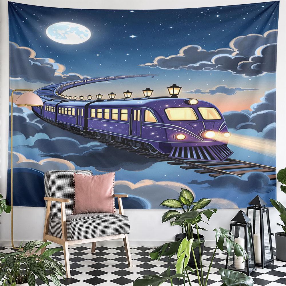 "Magical Night Train in the Clouds" Pattern Wall Hanging Tapestry Decorative Tapestry Home Decor for Bedroom and Living Room