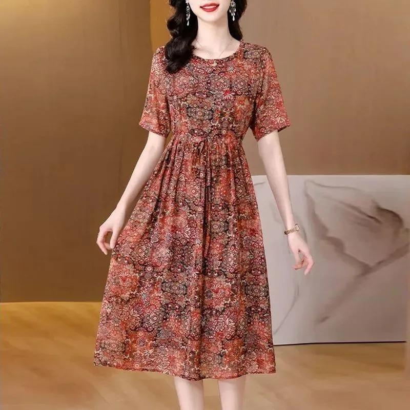 

Womens Floral Print Short Sleeve Elastic Waist Midi Dress L бежевый
