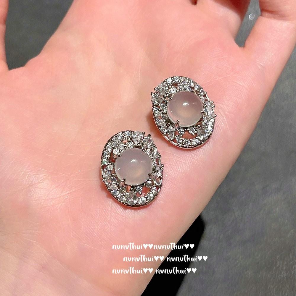 Lychee Frozen Egg-Shaped White Chalcedony Gypsy Gemstone Ring, Water Spirit, Concubine Smile White Chalcedony Zircon Earrings
