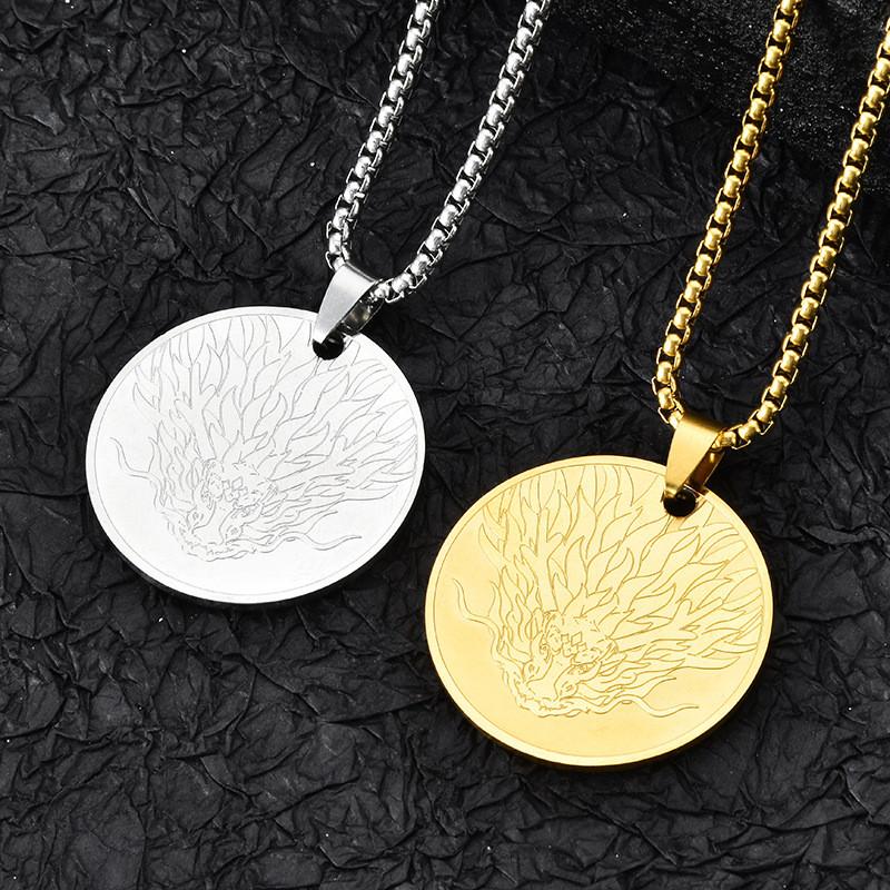 Exquisite Titanium Steel Round Pendant Necklace For Men And Women With Dragon Design