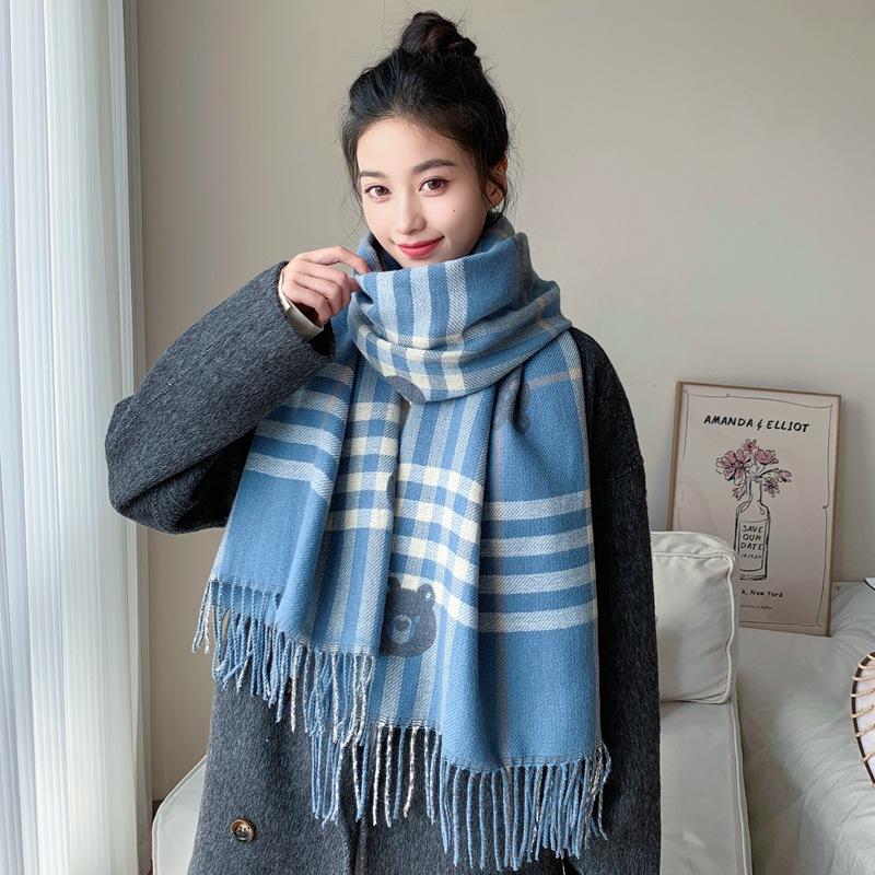 Women Autumn Winter Knitted Scarf Headscarf Lady Men Retro Plaid Print Tassel Scarve Foulard Wrap Shawl Casual Fashion Korean