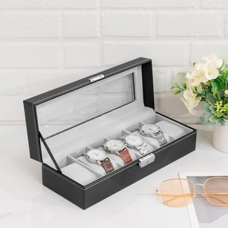 6-Slot Watch Box Organizer with Display,Lockable Lid,Heavy-Duty,Portable Watch Holder Stand Storage Case with Removable Dividers