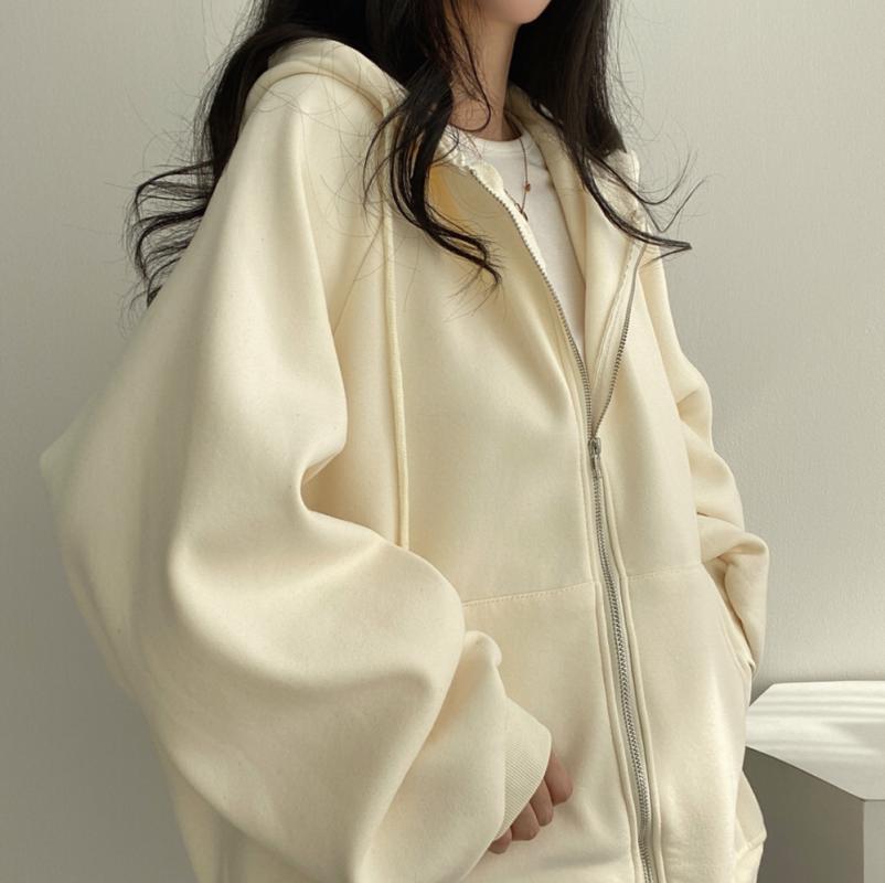 Lose Hoodies Frauen Herbst Winter Neue Casual Langarm Zip Up Hoodie Chic Vintage Solide Draw String Sweatshirt