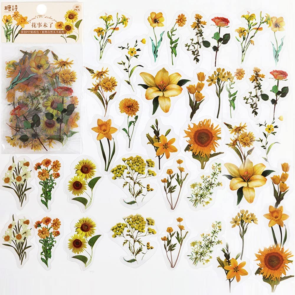 40 Pcs Scrapbook Stickers PET Transparent Flower  Nature Floral  Journal Photo Album Diary DIY Art Crafts