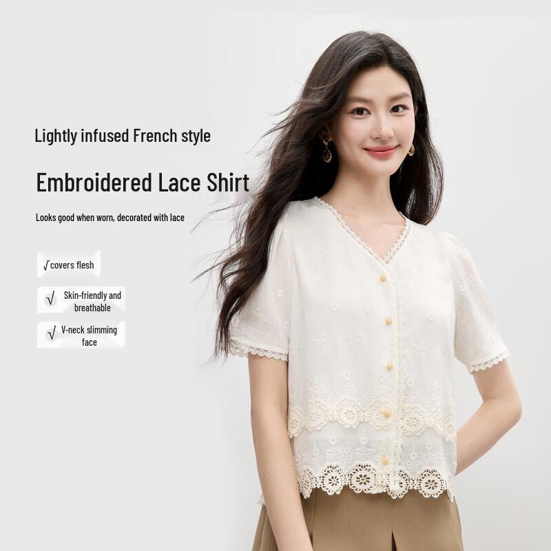 Qiushui Yiren V-neck Lace Short Sleeve Top S