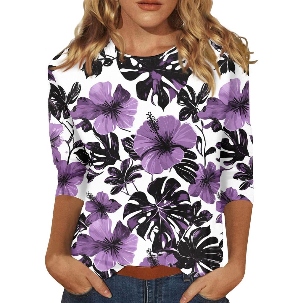 Women's Fashion Casual Round Neck 3/4 Sleeve Printed T-Shirt Ladies Top