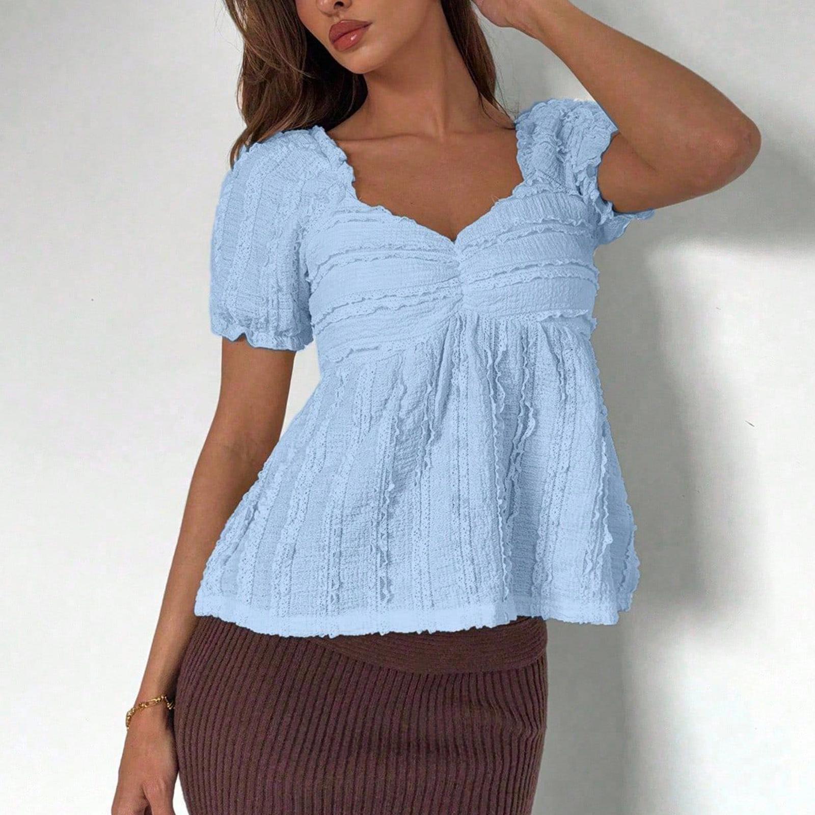 Women s V-Neck Fashionable Minimalist Puff Sleeve T-Shirt Top XS синий